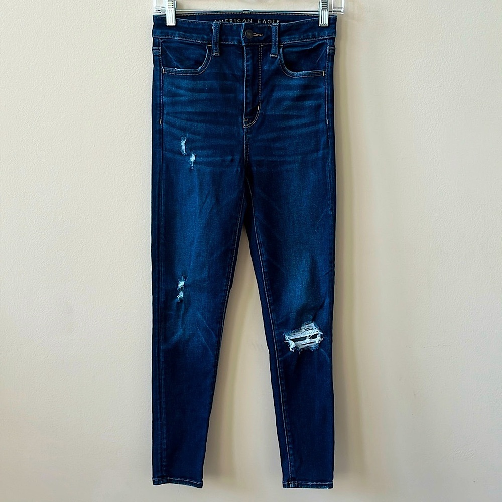AEO American Eagle Highest Rise Jeggings Distressed Ripped Dark Wash Size 4